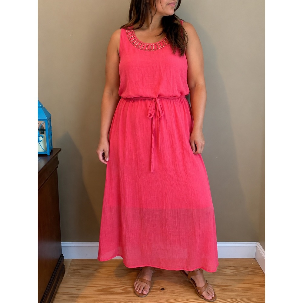 Luxology Coral Maxi Dress Embellished Neck Tie Waist XL Boho Coastal Chic